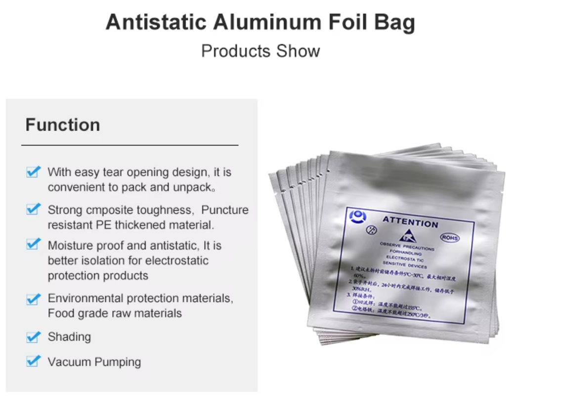 Manufacturer Direct Sales Semiconductor Silver ESD Aluminum Foil Moisture Proof Bag for Electronic Products Packaging