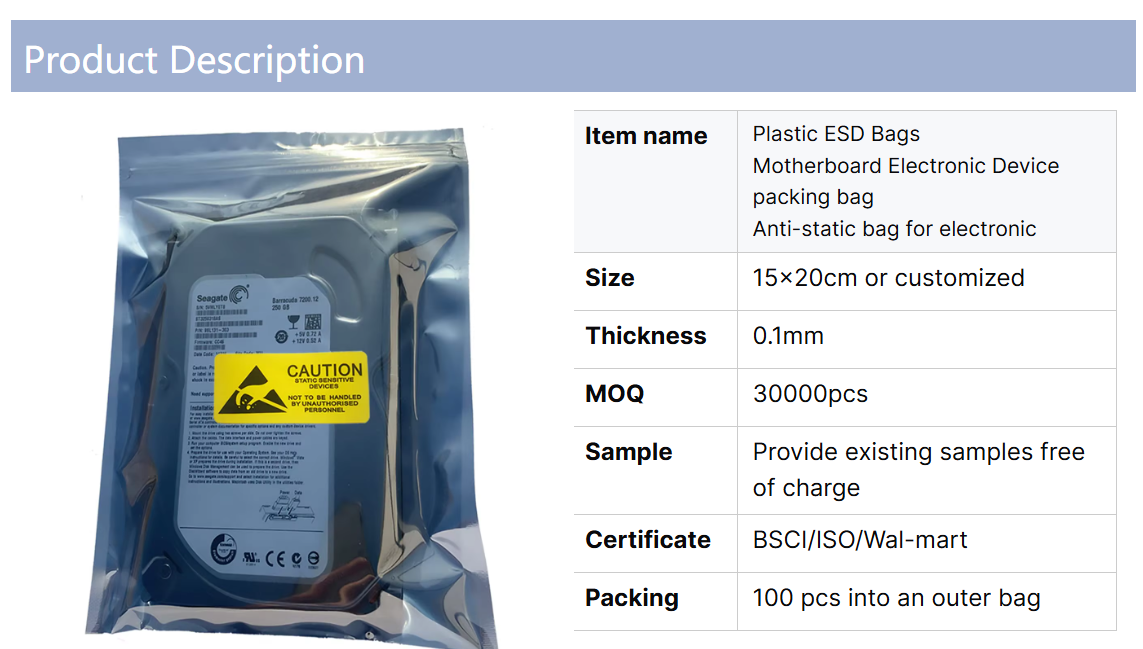 Custom ESD Shielding Bags Hard Disk Drive Packaging Bag Antistatic ESD Shielding Open Top ESD Shielding Bag